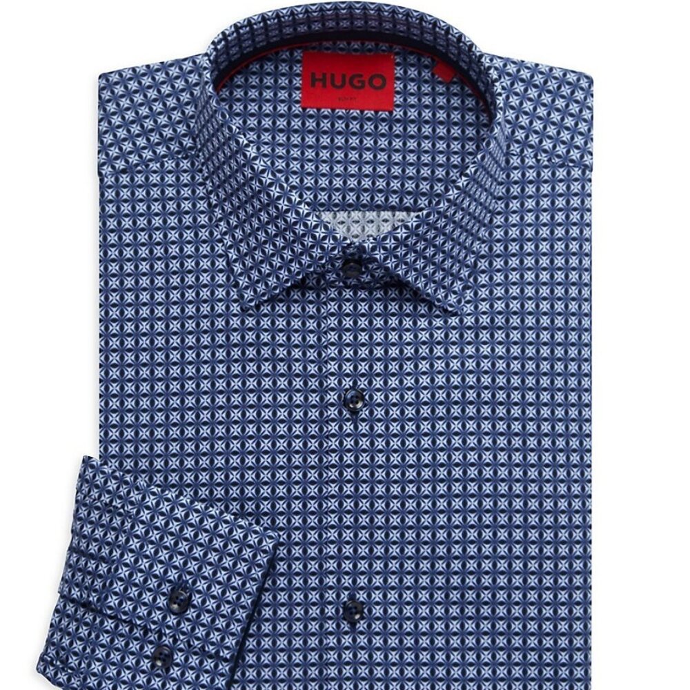 NWT Hugo Boss Men's Koey Blue Pattern Slim Fit Dress Shirt Size 14.5US